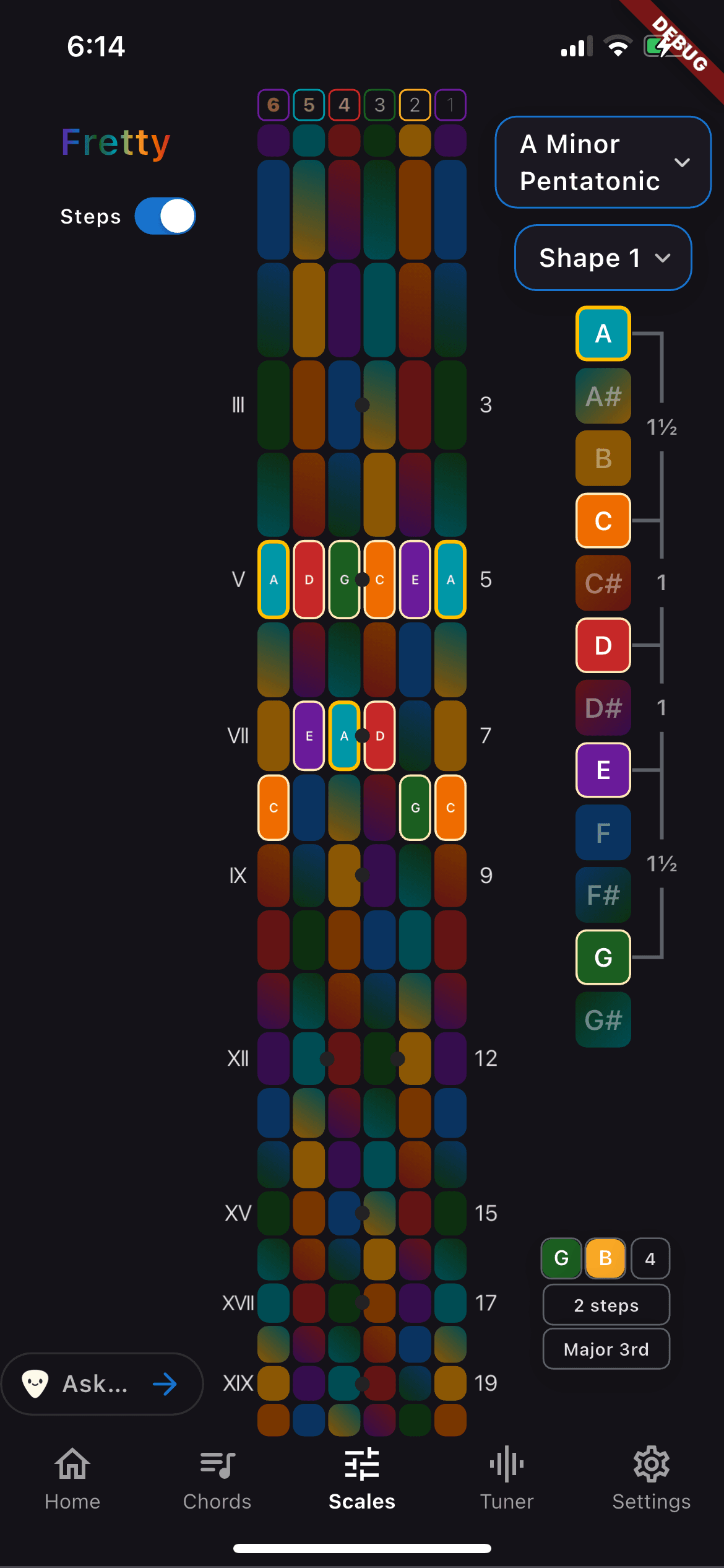 Fretty scale view highlighting positions on the fretboard