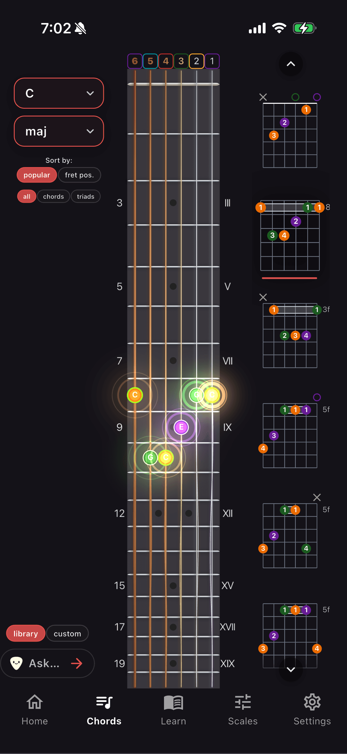 C major chord shapes highlighted across the fretboard in Fretty