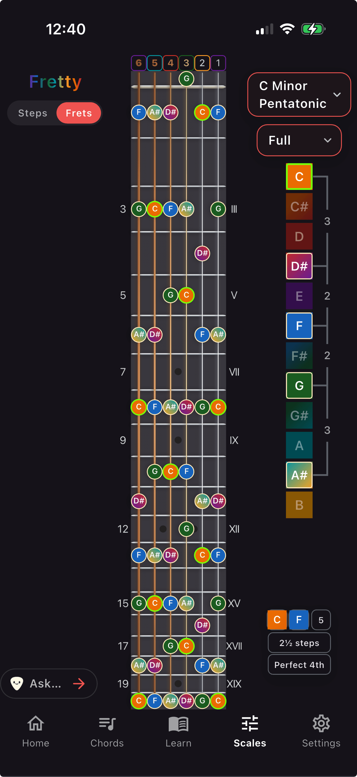 C minor pentatonic scale mapped across the fretboard in Fretty