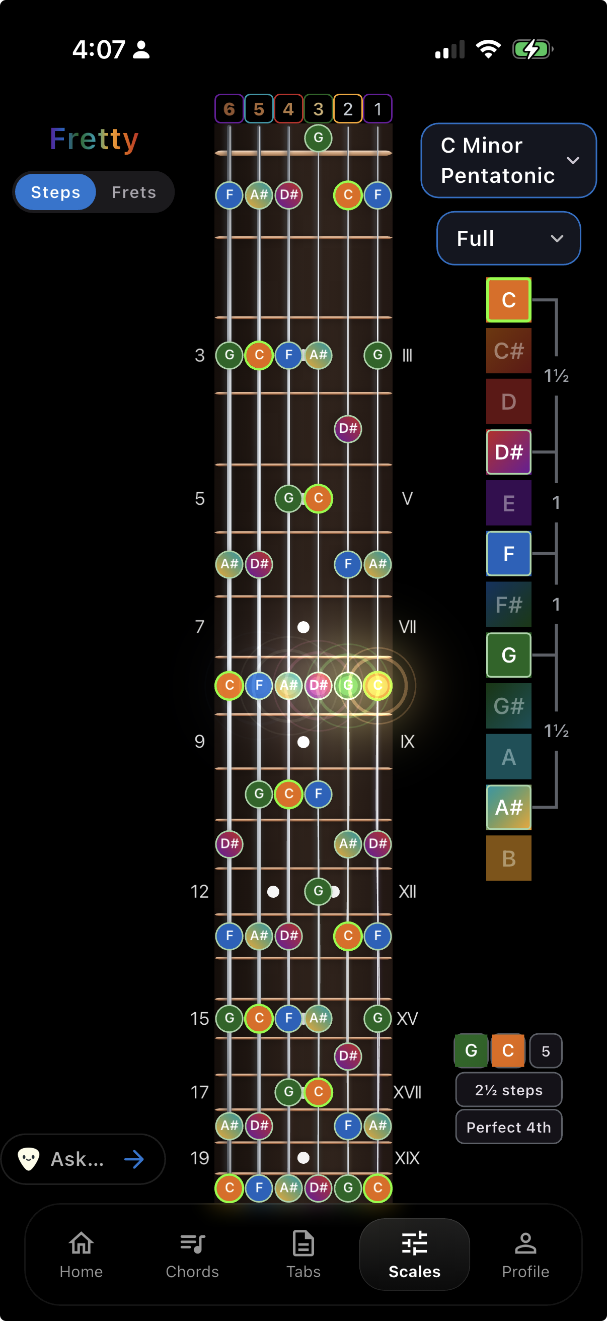 C minor pentatonic scale mapped in colorful notes across Fretty’s fretboard