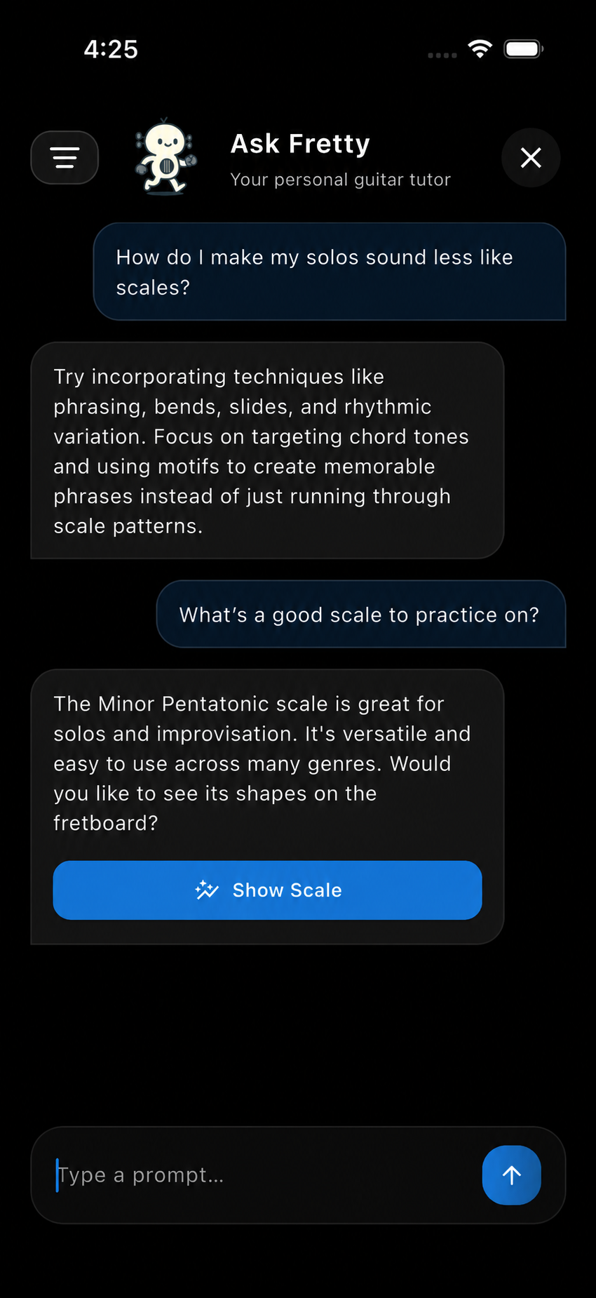 Ask Fretty offering soloing advice and recommending the minor pentatonic scale with an interactive Show Scale action