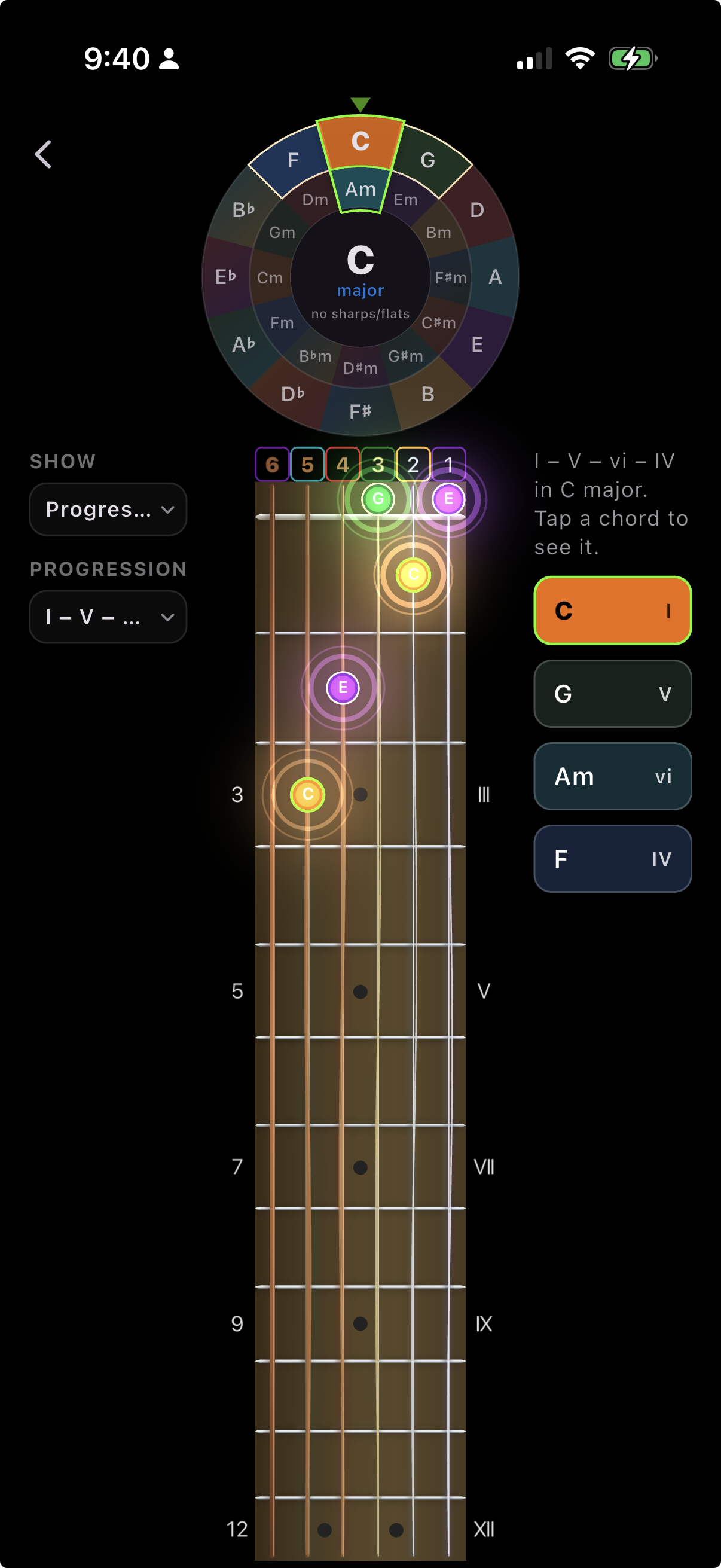 Fretty’s Circle of Fifths wheel with the diatonic chords of C major