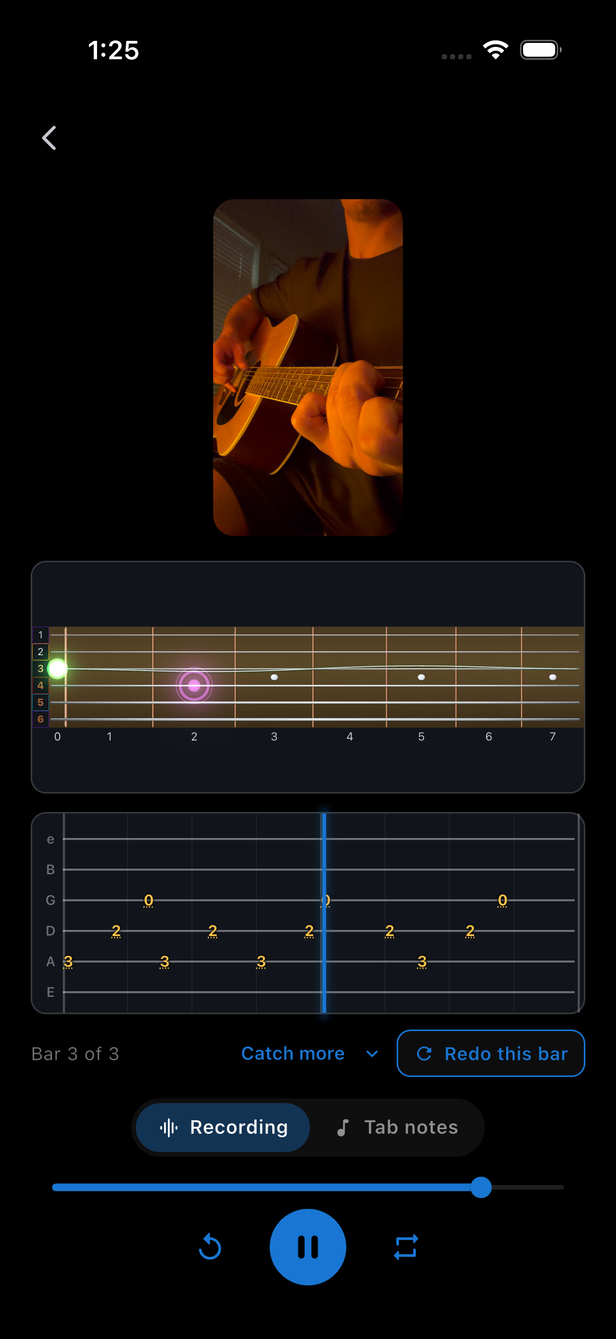 Fretty turning a recorded guitar take into tab, with the notes lit up on the fretboard