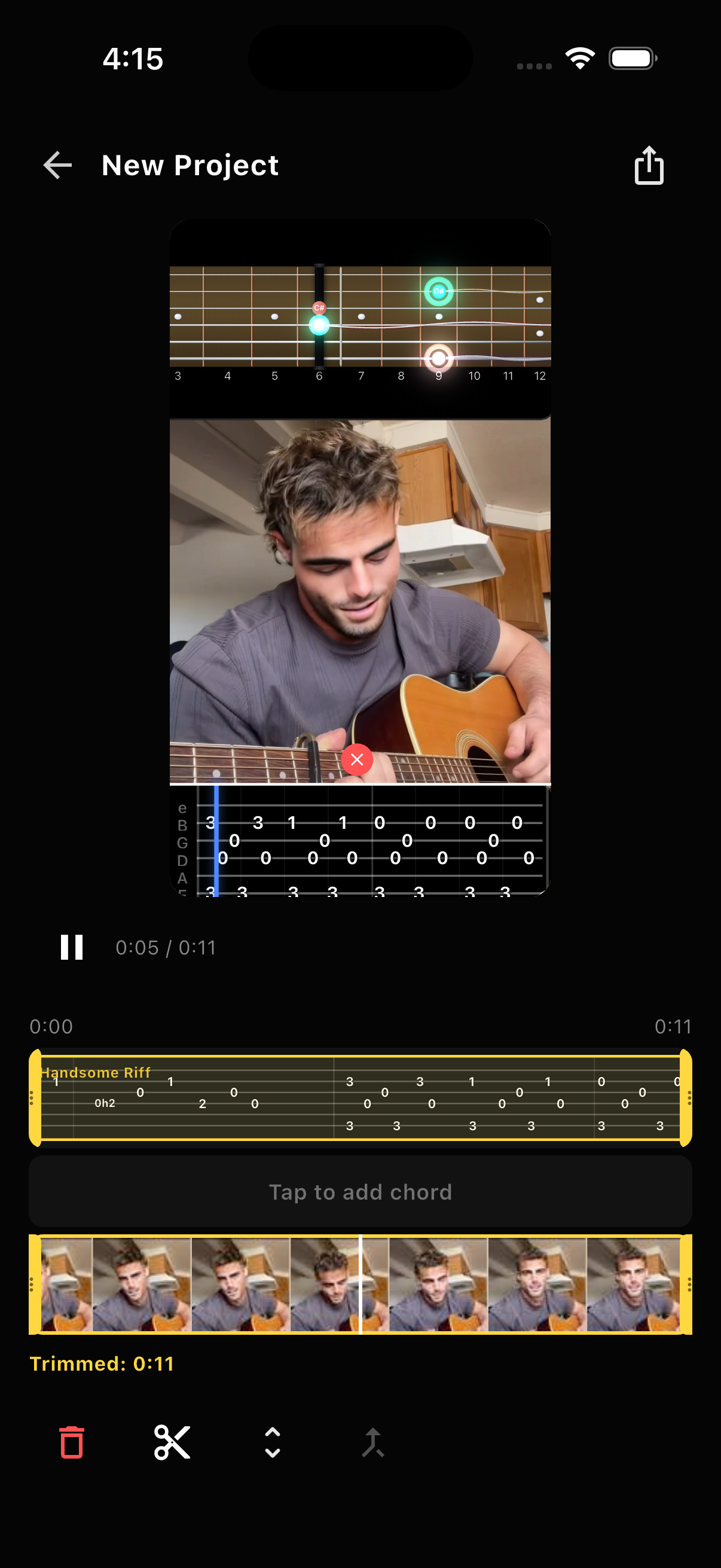 Fretty’s video editor layering a synced tab and fretboard over a recorded clip, with the timeline below