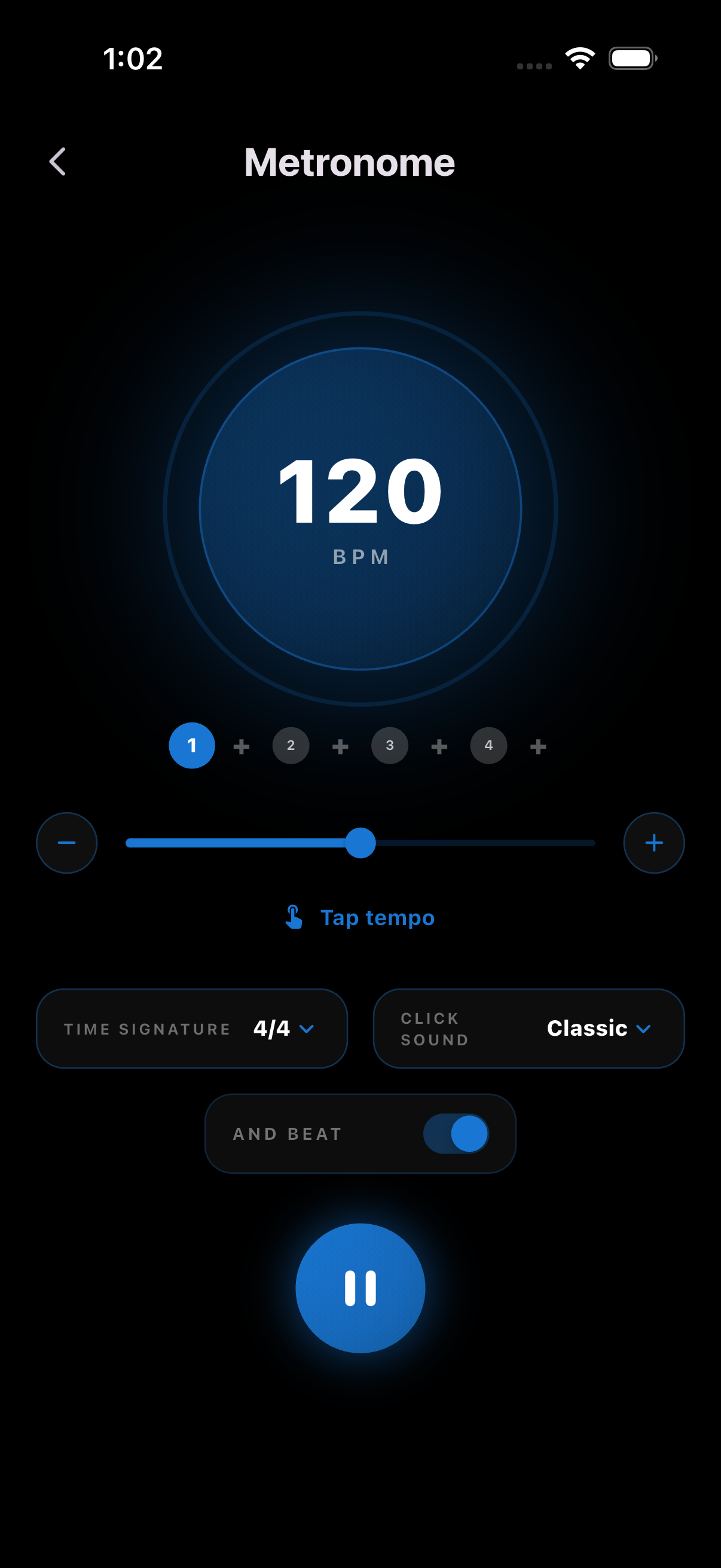 Fretty’s metronome set to 120 BPM in 4/4 with tap tempo, accent beats, and click sound controls