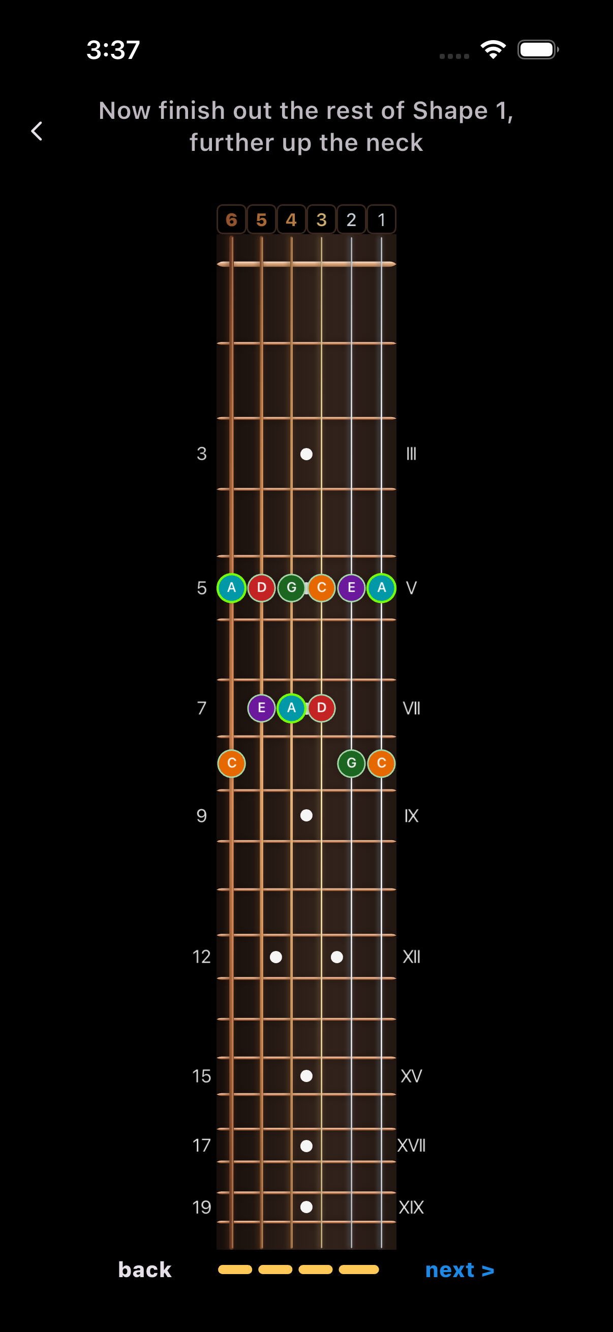 Fretty guiding a pentatonic Shape 1 lesson with colorful fretboard notes and step-by-step navigation