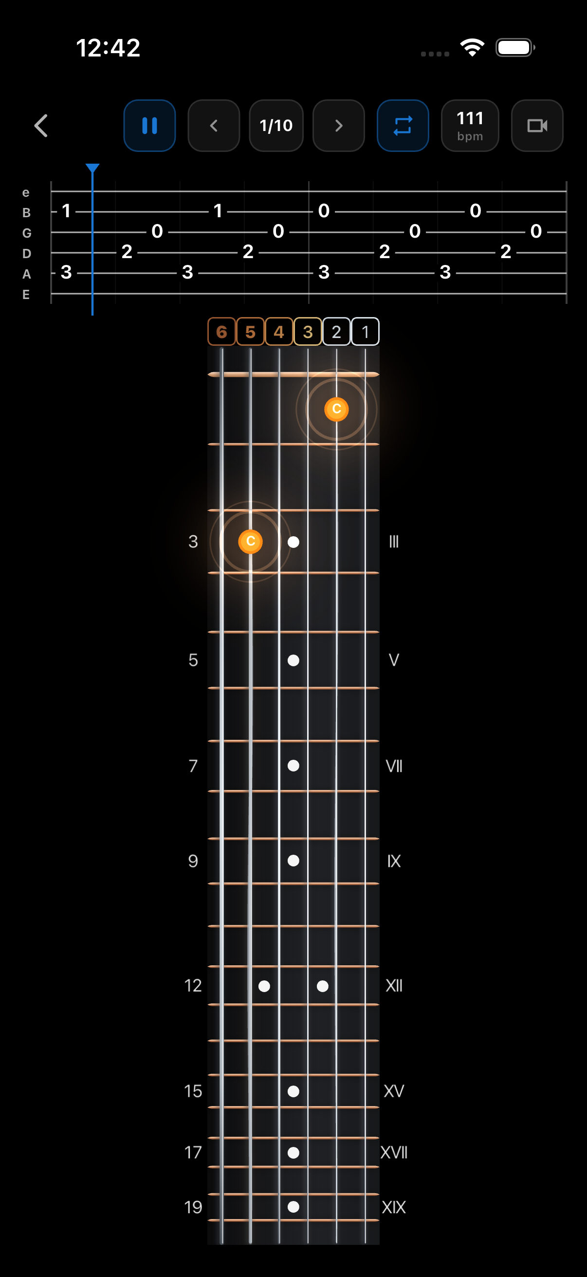 Fretty’s tab synced with glowing note positions on the fretboard