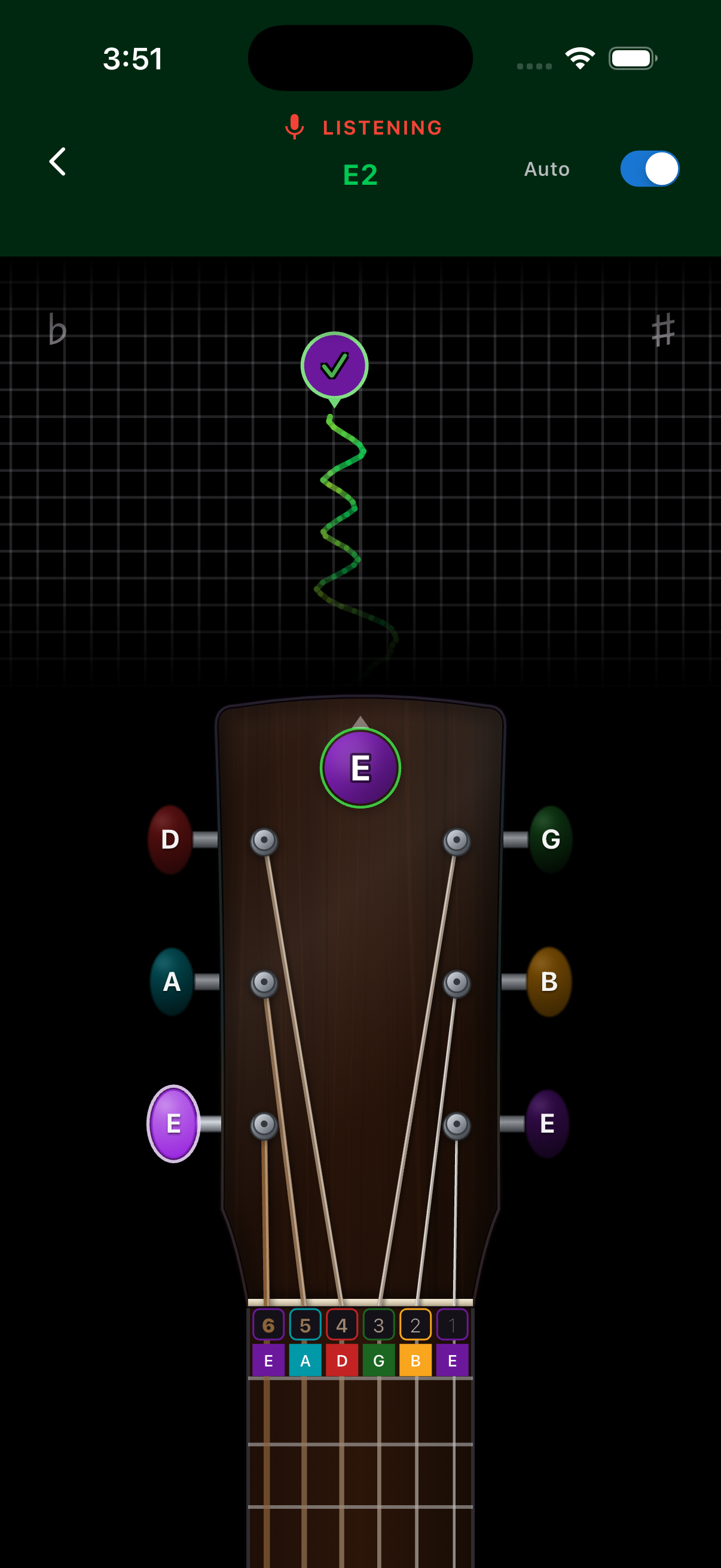 Fretty’s tuner listening to the low E string and showing it in tune on a color-coded headstock
